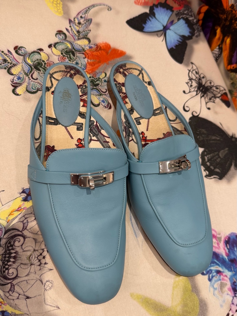 Hermes Light Blue Leather Slingback Mule with Silver Hardware